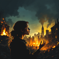 A young woman stands amidst a fiery, dystopian landscape, her expression filled with concern and determination, evoking the intensity of love intertwined with danger.