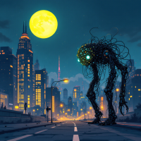 A towering, ethereal figure made of tangled wires stands on an empty city street beneath a glowing full moon, embodying the quote about the lives of electric things.