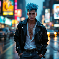 A confident young man with bright blue hair stands in a rain-soaked Times Square, embodying the essence of the quote, I'm the most terrific liar you ever saw in your life.