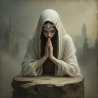 A solemn woman in white, with her hands clasped in prayer, sits on a stone amidst a misty landscape of dark, looming castles, embodying the weight of power's cruelty and folly.