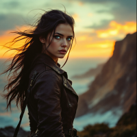 A determined young woman stands against a stunning sunset, wind tousling her hair, embodying the fierce spirit of the quote, I’d rather die fighting than live as a pawn.