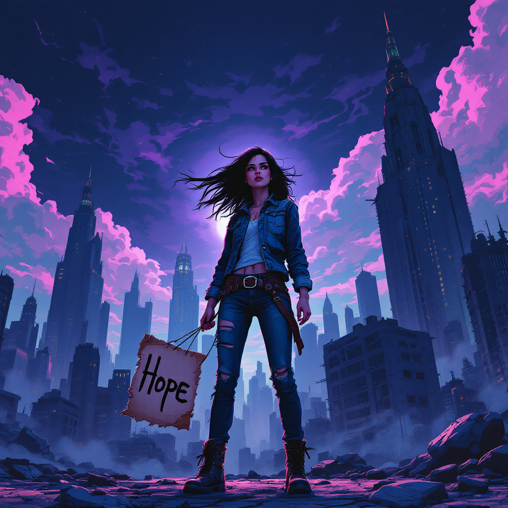 A figure stands confidently in a desolate cityscape, holding a sign reading Hope, against a backdrop of towering buildings and a dramatic, colorful sky, embodying resilience amid despair.