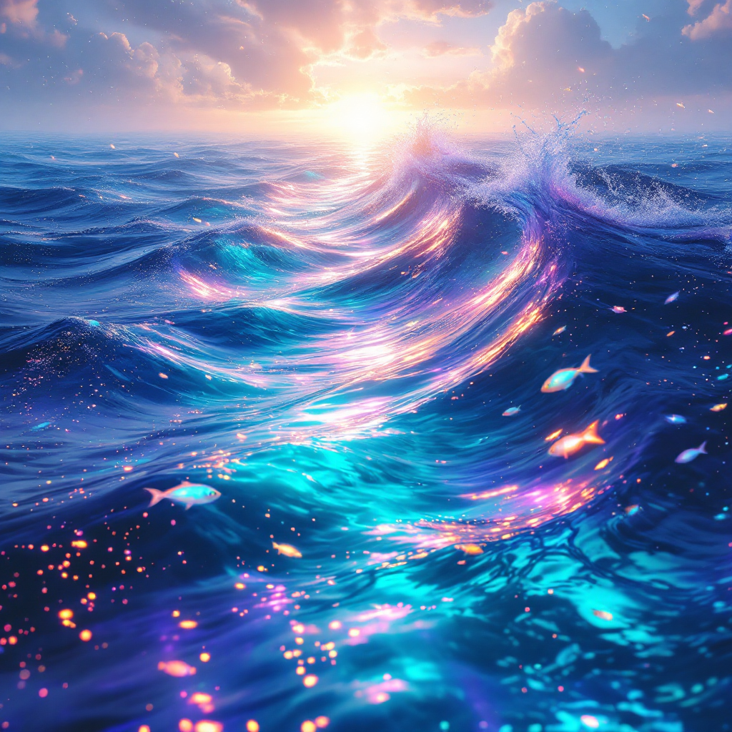 A vibrant ocean scene at sunset, waves shimmering in hues of blue and purple, capturing the essence of discovery and boundless possibilities ahead.