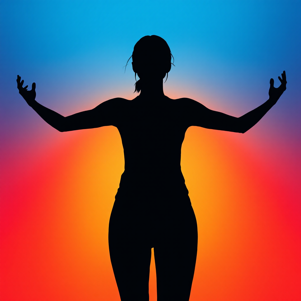 A silhouetted figure stands with arms outstretched against a vibrant gradient of blue, orange, and yellow, symbolizing the idea that we create our own future.