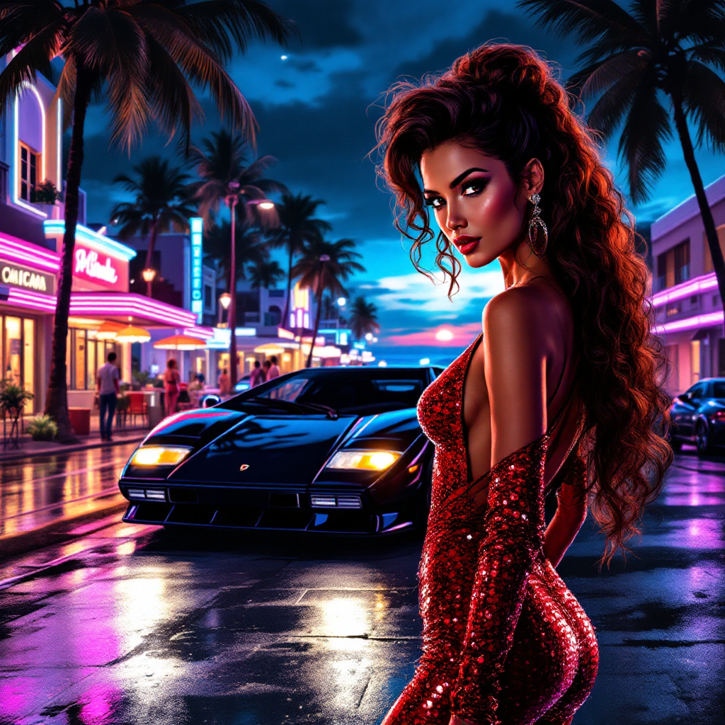 A glamorous woman in a sparkling red dress stands confidently on a neon-lit street, with palm trees and a sleek sports car in the background, evoking themes of loyalty and allure.