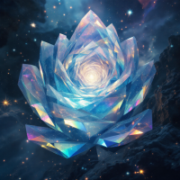 A luminous crystal flower spirals towards a bright core, set against a cosmic backdrop of stars and galaxies, embodying the vastness of a singular consciousness.