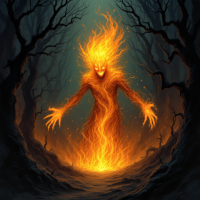 A fiery, ethereal figure emerges in a dark, twisted forest, conveying a sense of explosive energy and destruction, echoing the quote, It was a pleasure to burn.