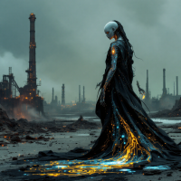 A figure in an elegant, glowing black gown stands in a desolate industrial landscape, embodying the essence of existence as a work of art amid a moody, atmospheric backdrop.