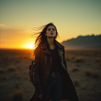 A determined woman stands in a vast desert at sunset, her hair blowing in the wind, embodying the spirit of the quote: Even if I have to reach the ends of the earth, I will find you.