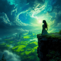 A figure stands on a rocky cliff, gazing out over a vibrant, ethereal landscape filled with towering spires and expansive fields under a dramatic sky, embodying the weight of choices and their unseen consequences.