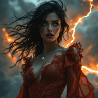 A fierce woman in a flowing red gown stands against a stormy sky, her intense gaze and wind-swept hair embodying the dangers of love as a thrilling, unpredictable game.