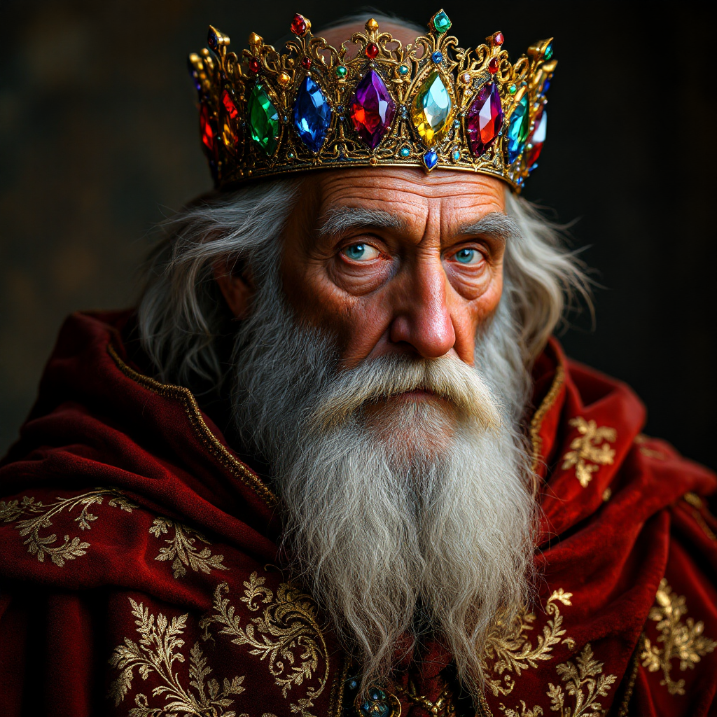 An elderly king in crimson robes wears a jeweled crown adorned with prismatic gems. His gray hair frames a face marked by hard, curious eyes, suggesting wisdom and authority.