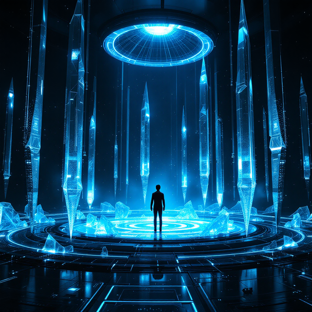 A silhouetted figure stands in a futuristic realm, surrounded by glowing, crystal-like structures and an illuminated circular platform, evoking themes of transformative, reconfigurable technology.