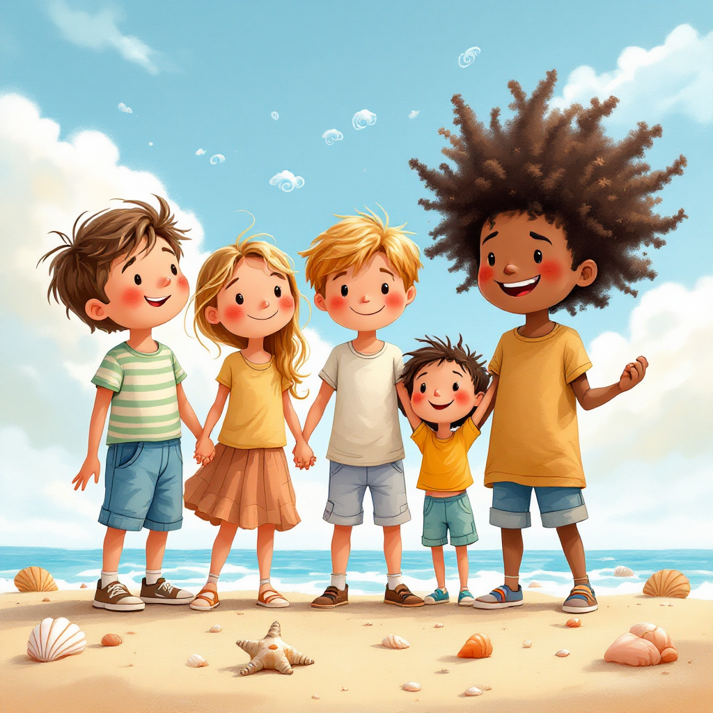 A diverse group of five children stands hand in hand on a beach, joyful and united against confusion, embodying the resilience mentioned in the quote about happiness and thought.