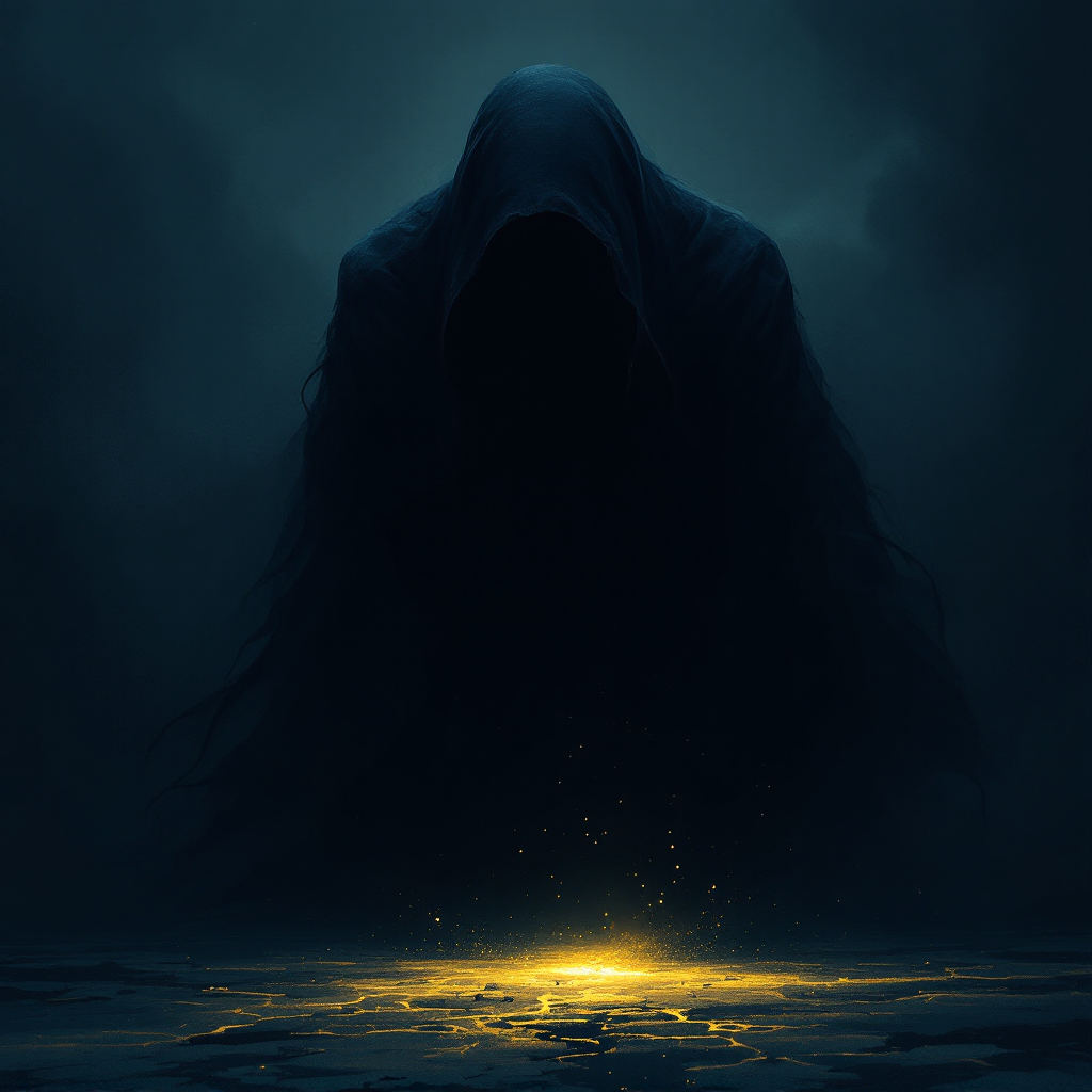 A cloaked figure looms in shadows, embodying the quote Fear is a shadow that grows in the absence of hope, as a faint golden light glimmers below, contrasting the darkness.