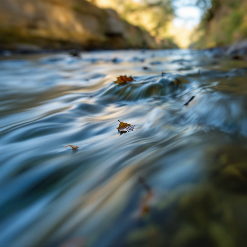 A tranquil river flows gently, with leaves drifting on its surface, symbolizing the passage of time that moves continuously in one direction.