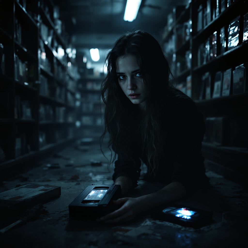 A young woman sits on the floor of a dimly lit video store, surrounded by shelves of tapes, reflecting on the weight of the past and the necessity of moving forward.