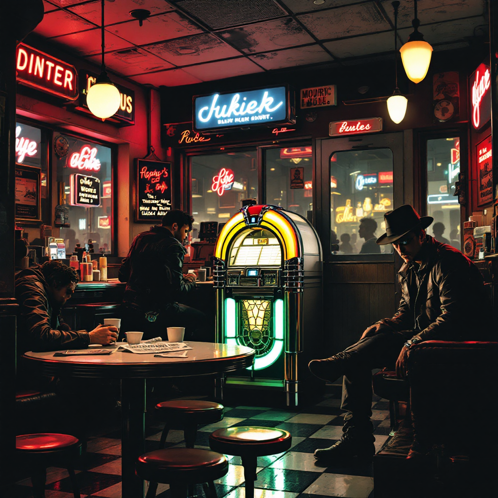 A dimly lit diner scene features men seated at tables, a vintage jukebox glowing in vibrant colors, reflecting the quote about the complexities of being talked about.