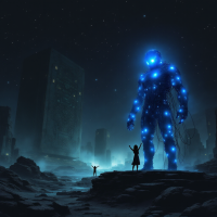 A towering, luminous figure made of blue lights stands amidst a desolate landscape, with two small silhouettes gesturing towards it under a starry sky.