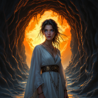 A young woman stands bravely at the mouth of a dark cave, illuminated by a glowing sunset behind her, embodying the courage to face her fears as inspired by the quote.