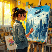 A woman paints a vibrant cityscape on an easel in a sunlit studio, embodying the quote about understanding art through creation. Colorful paintings adorn the walls, enhancing the artistic atmosphere.