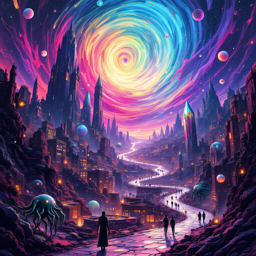 A surreal landscape features towering spires and vibrant swirls of color in the sky, embodying a complex world filled with the unknowable. Figures wander along a winding path.