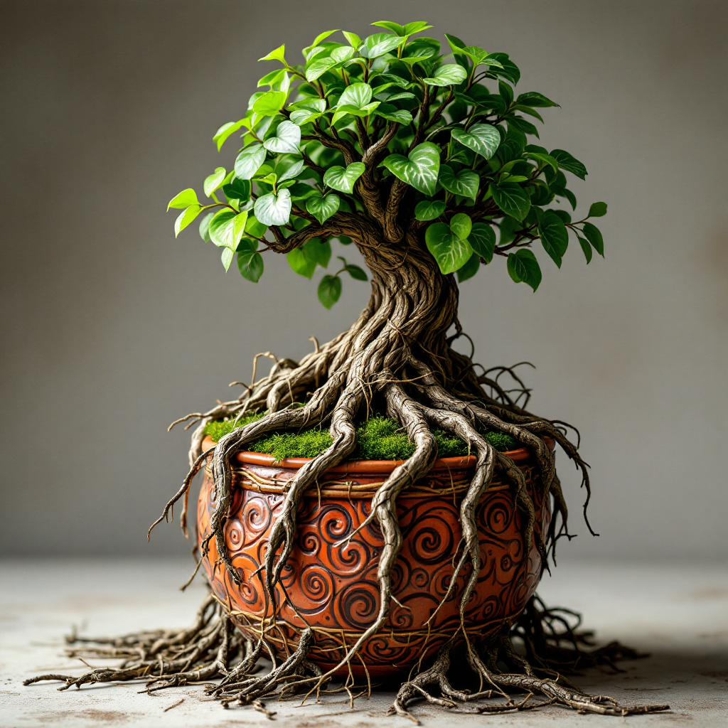 A vibrant potted sapling resembling a world tree, featuring lush green leaves and intricate roots emerging from a decorative terracotta pot.