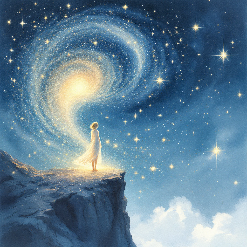 A figure dressed in white stands on a rocky ledge, gazing at a swirling galaxy filled with stars, embodying the essence of the quote about being stardust and how we shine.