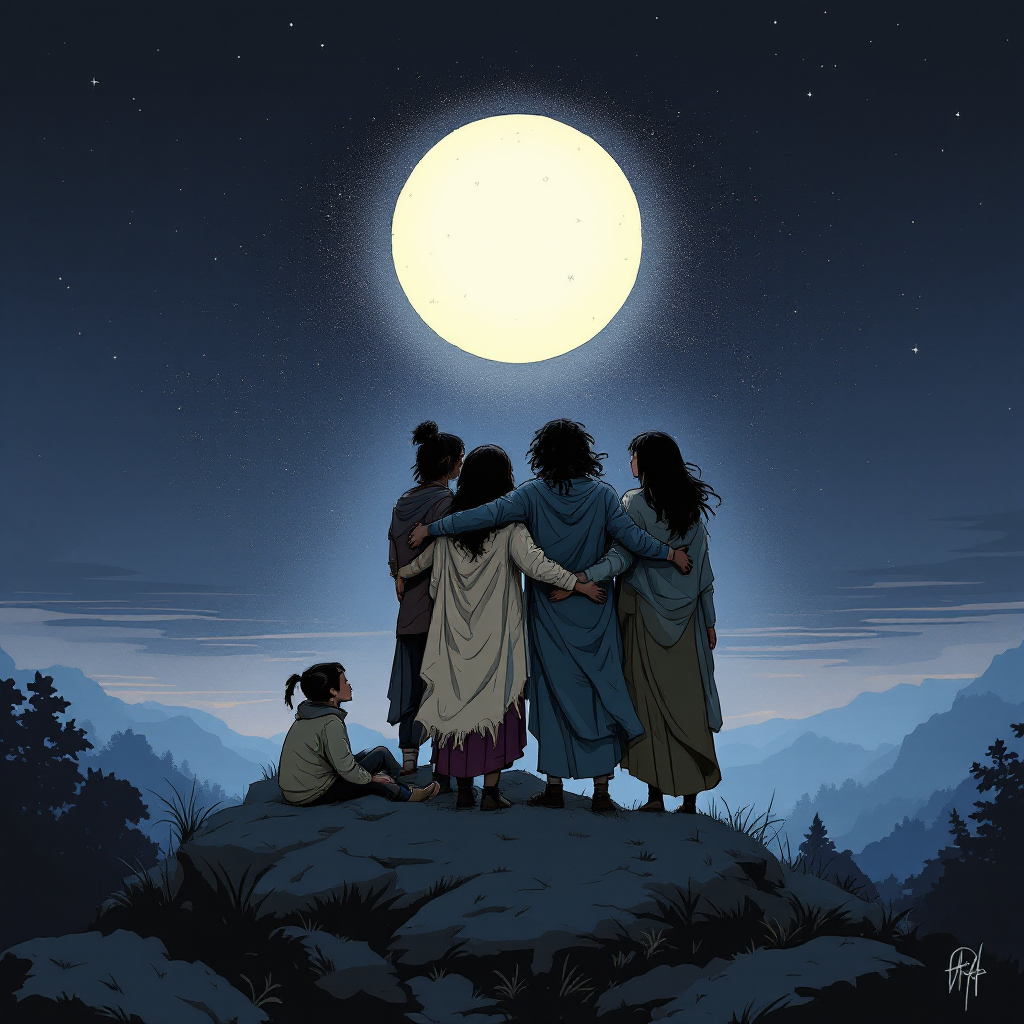 Five figures stand atop a rocky outcrop under a bright full moon, facing a serene landscape. Their embrace captures the essence of friendship and solidarity.