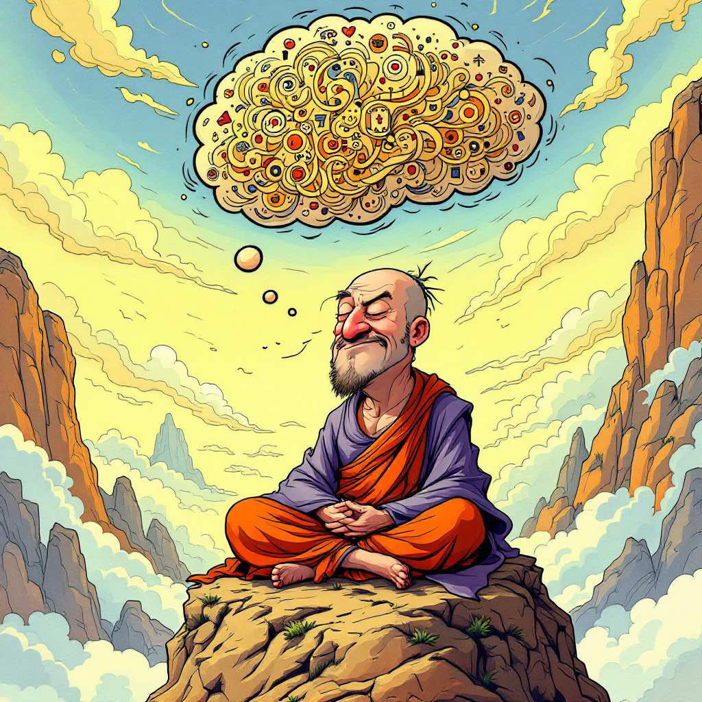 A serene monk sits on a mountaintop, deep in thought, surrounded by clouds and vibrant mountains, with a colorful cloud of ideas swirling above him, symbolizing self-reflection and understanding.