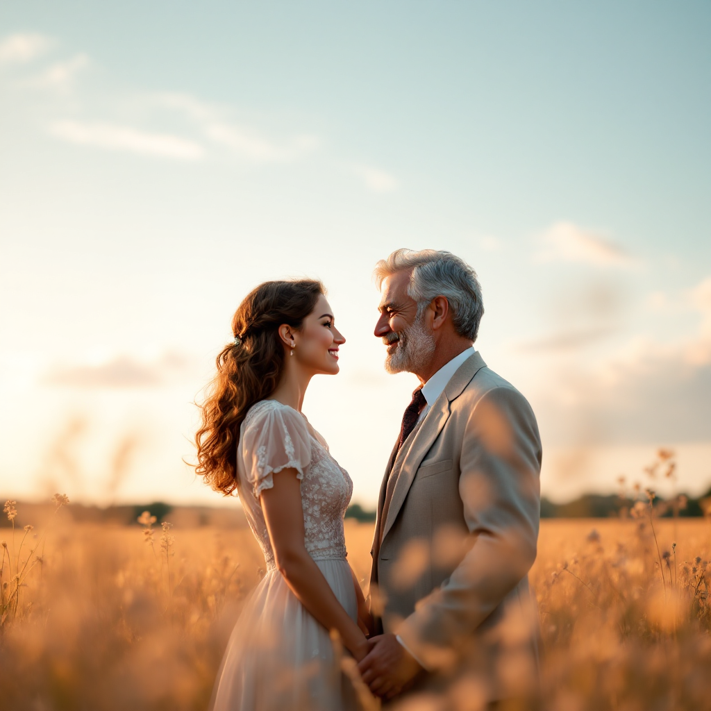 A couple stands close together in a sunlit field, gazing into each other's eyes, embodying the timeless connection described in the quote about love transcending time.