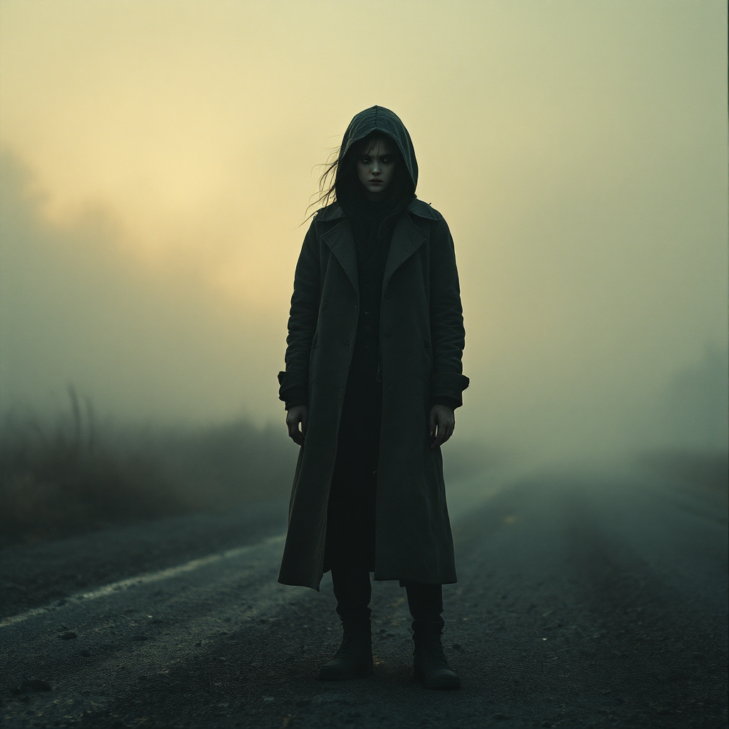 A lone figure in a dark coat stands on an empty road, shrouded in fog, embodying the quote Isolation breeds fear with an atmosphere of uncertainty and tension.