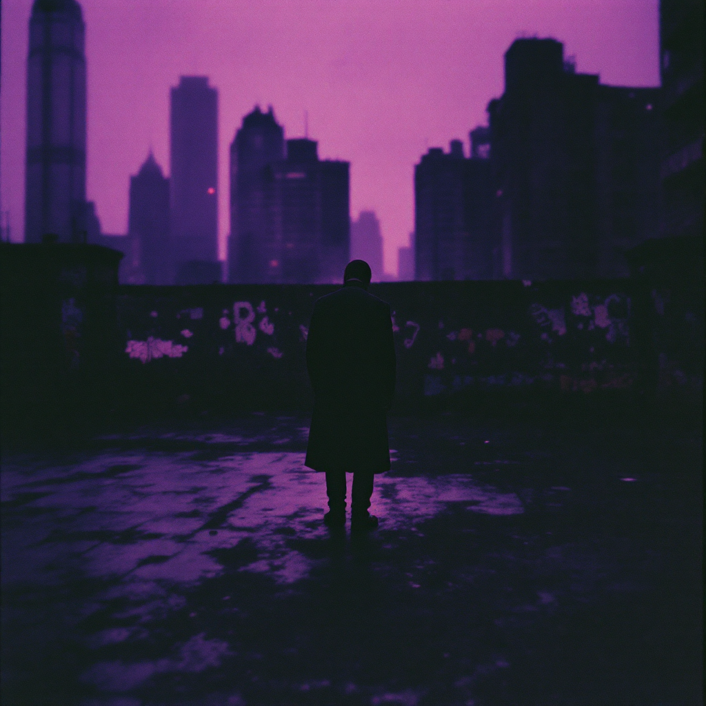 A figure stands alone on a dimly lit rooftop, silhouetted against a vibrant purple sky and a city skyline, embodying the complexity of facing uncomfortable truths.