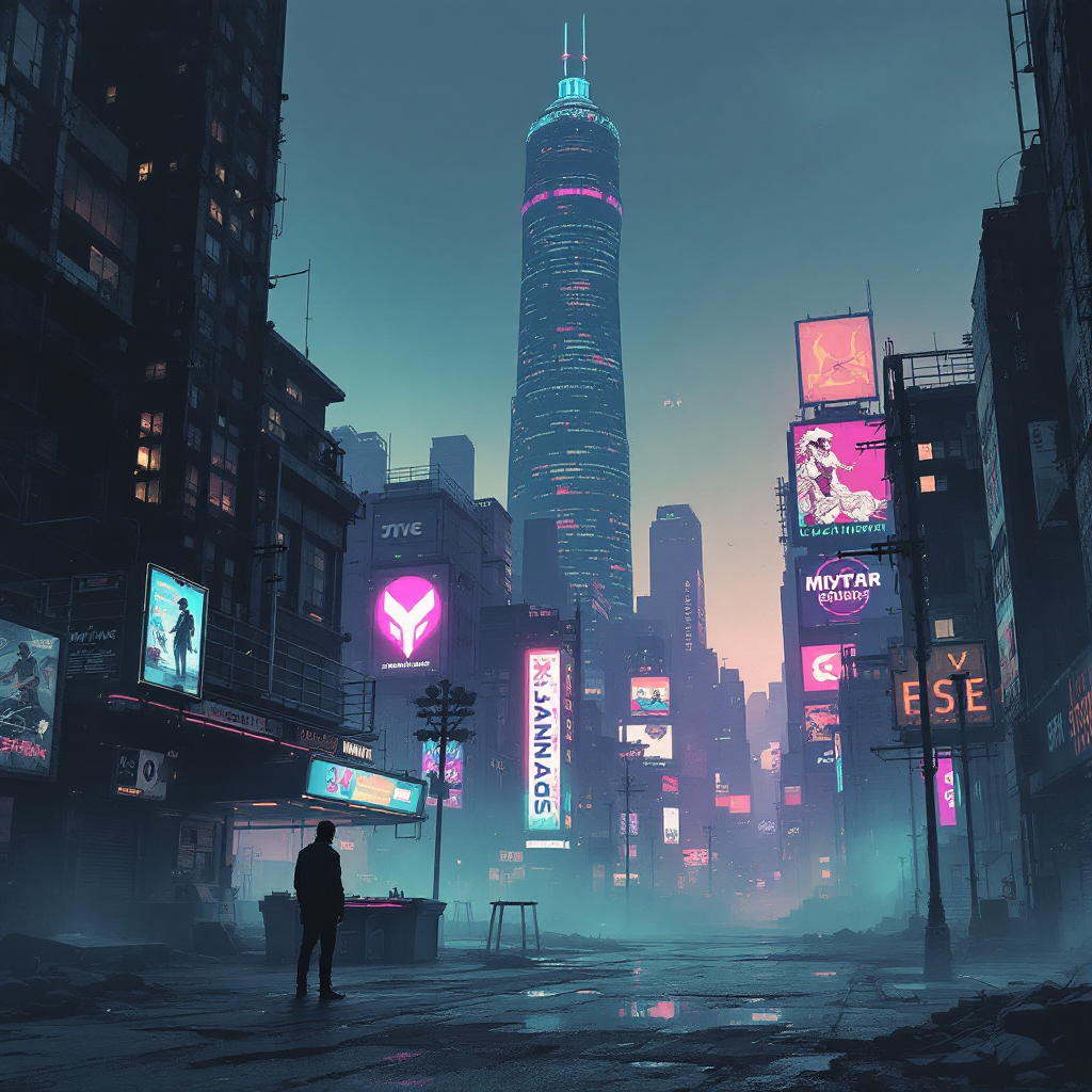 A lone figure stands in a dimly lit urban landscape, surrounded by tall buildings adorned with vibrant neon signs, as a towering structure looms in the background, evoking a sense of mystery and exploration.