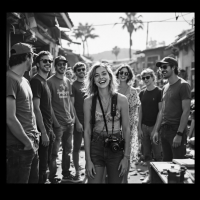 A group of smiling friends, standing in a sunlit street, with one woman in front holding a camera. The scene captures a carefree, youthful spirit, embodying the quote about feeling lost yet joyful.