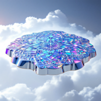 A circular platform five meters wide, crafted from shimmering diamond in intricate arabesques, hovers above fluffy clouds, reflecting iridescent colors under a bright sky.