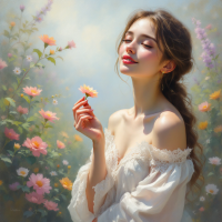 A serene young woman holds a flower, gazing dreamily amidst a lush garden filled with colorful blossoms, embodying the essence of seeing with the heart.