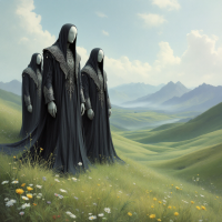 Three faceless figures in dark cloaks stand in a lush green landscape filled with wildflowers, echoing the theme of surveillance from The Memory Police while suggesting unguarded emotions.