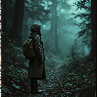 A solitary figure stands on a misty forest path, wearing a hooded coat and carrying a backpack, symbolizing the beginning of a journey into the unknown.