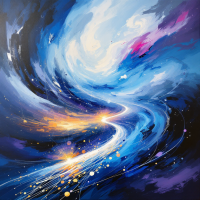 A vibrant abstract painting depicting a swirling river of blue and gold, symbolizing the complexity of the future and how each decision shapes our journey.