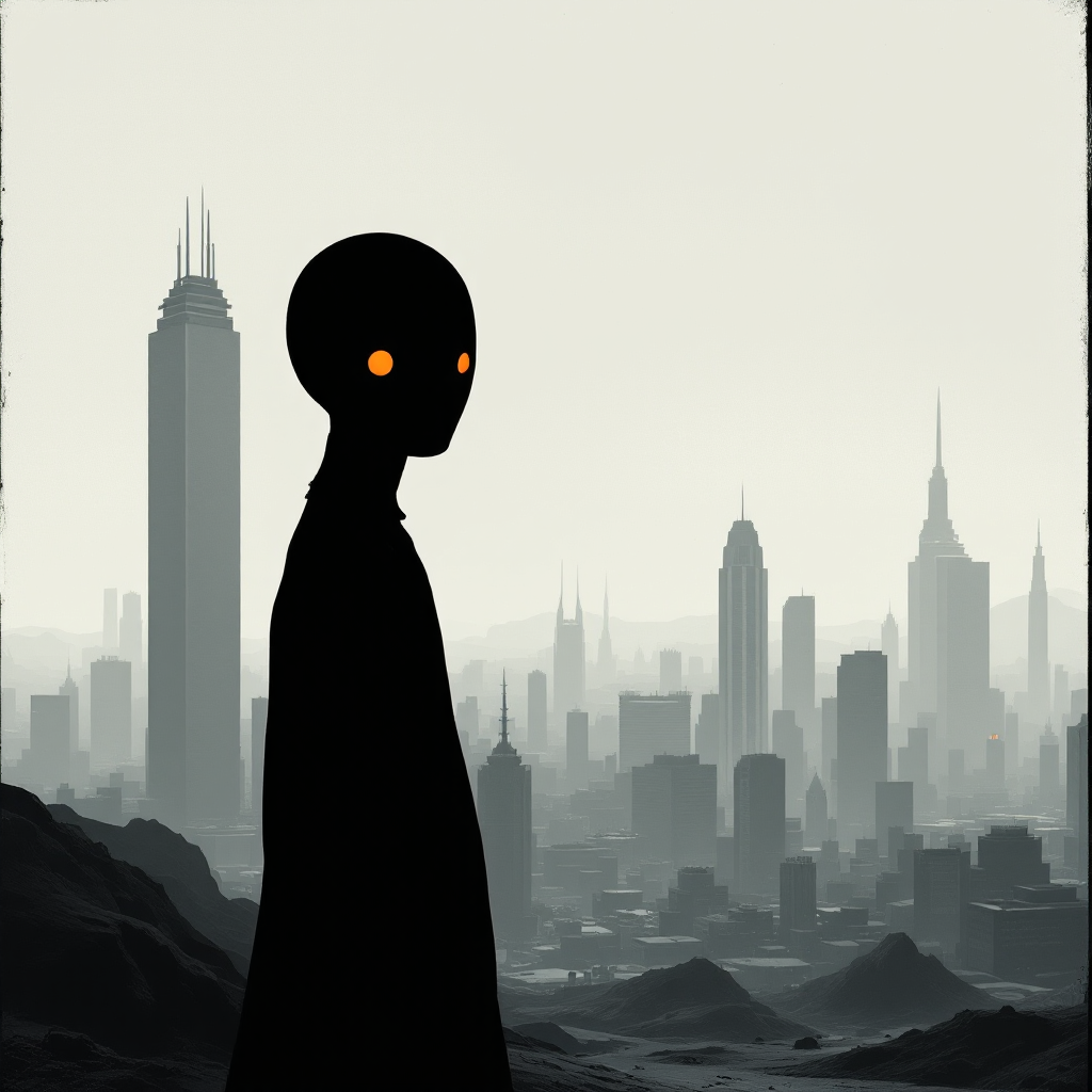 A shadowy figure with glowing orange eyes stands against a silhouette of a futuristic cityscape, embodying the struggle for meaning and existence in Embassytown.