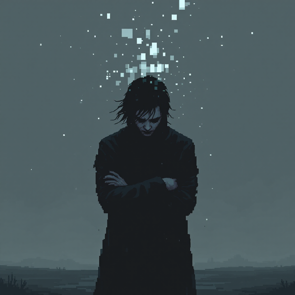 A figure stands alone in a dark landscape, arms crossed, with pixelated fragments rising above their head, embodying the pain caused by those closest to them.