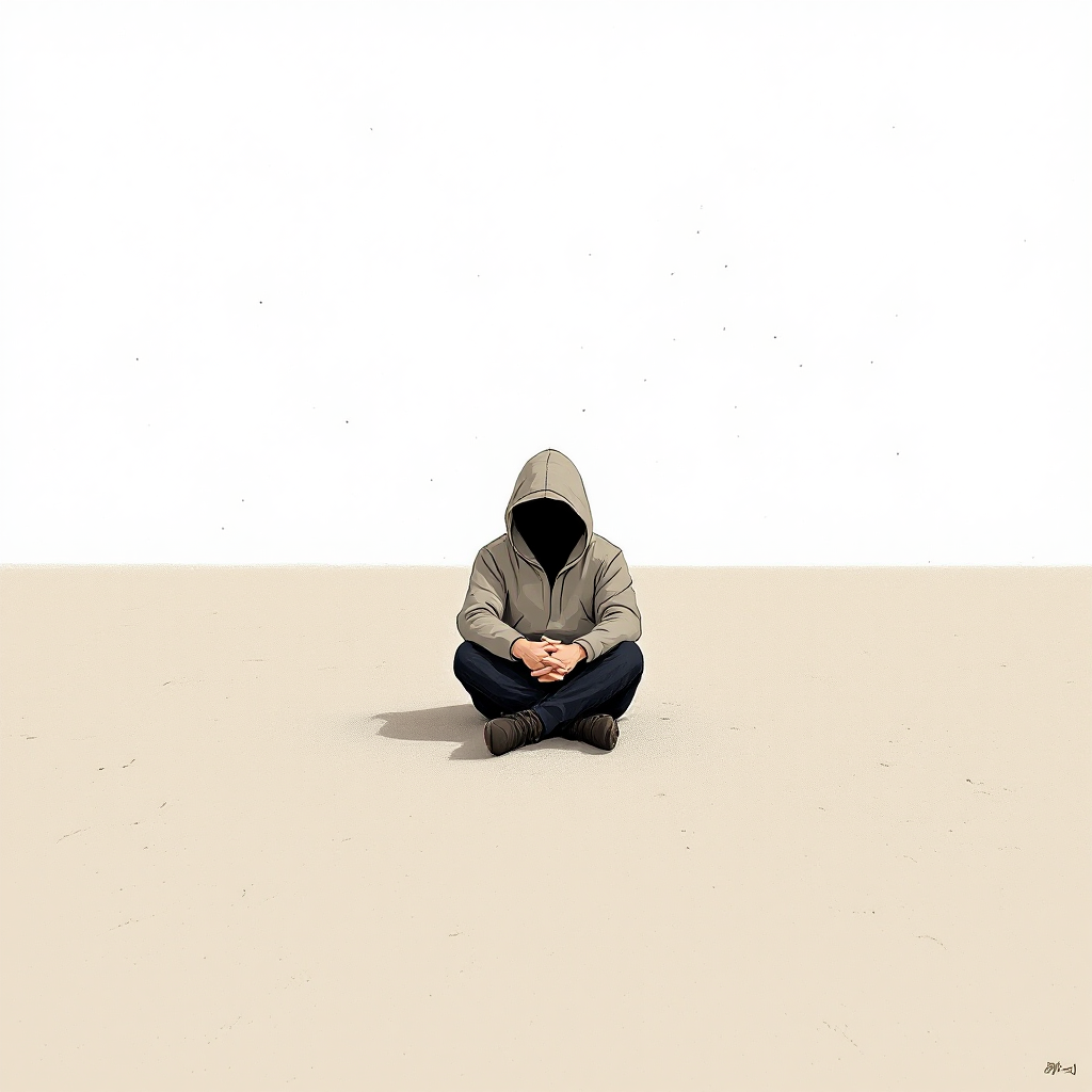 A solitary figure sits on a vast, empty surface, wearing a hooded jacket. The background is minimalistic, emphasizing the theme of confronting inner challenges.