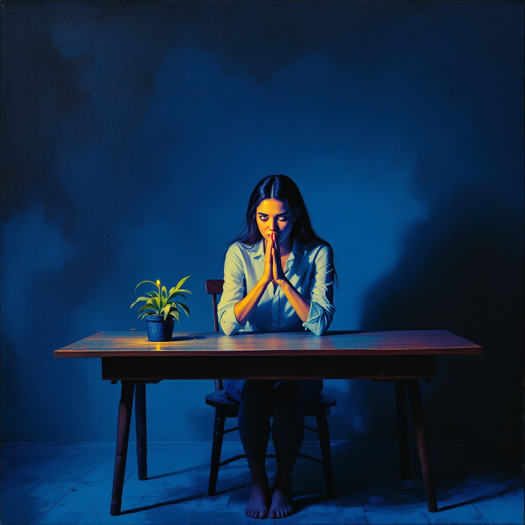 A woman sits at a wooden table in dim blue lighting, praying with her hands clasped. A small plant rests nearby, symbolizing hope amid societal roles that shape our actions.