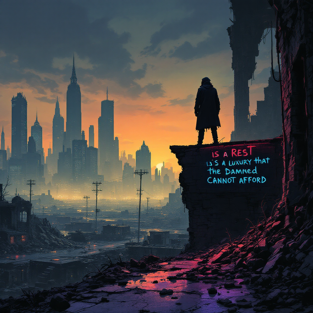 A solitary figure stands on a crumbling ledge, overlooking a dystopian city skyline at sunset, with the quote Rest is a luxury that the damned cannot afford illuminated in neon.