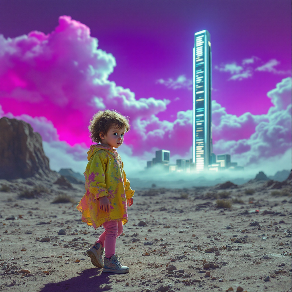 A young child in a yellow raincoat stands on a barren landscape, gazing at a tall, illuminated skyscraper against a vibrant, purple sky filled with clouds.