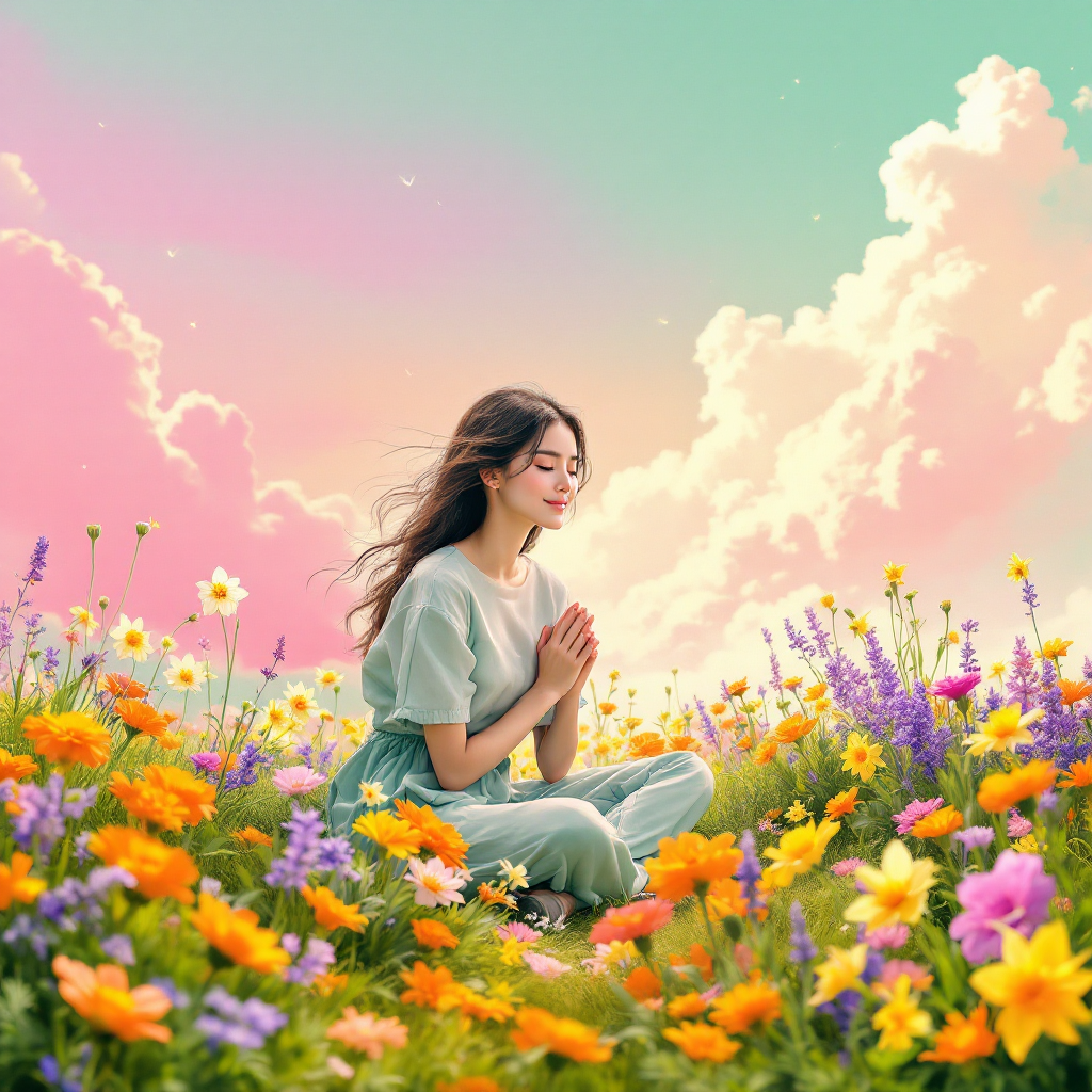 A serene woman sits in a vibrant flower field, hands clasped in prayer, surrounded by colorful blooms under a pastel sky, embodying the idea that happiness stems from one's thoughts.