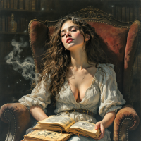 A woman with long, curly hair sits in a plush armchair, lost in thought as she reads a book. Wisps of smoke rise around her, evoking the complexities of memory.