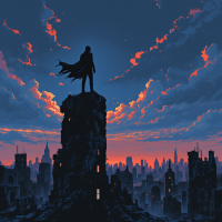 A silhouetted figure in a cape stands atop a crumbling structure, gazing over a desolate cityscape bathed in vibrant sunset hues, embodying the struggle of inventing futures amidst despair.