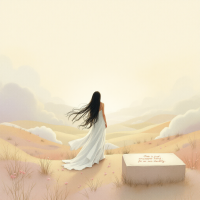 A figure in a flowing white dress stands in a vast, serene landscape, gazing into the distance, beside a stone inscribed with the quote, Fate is just another word for your own stupidity.